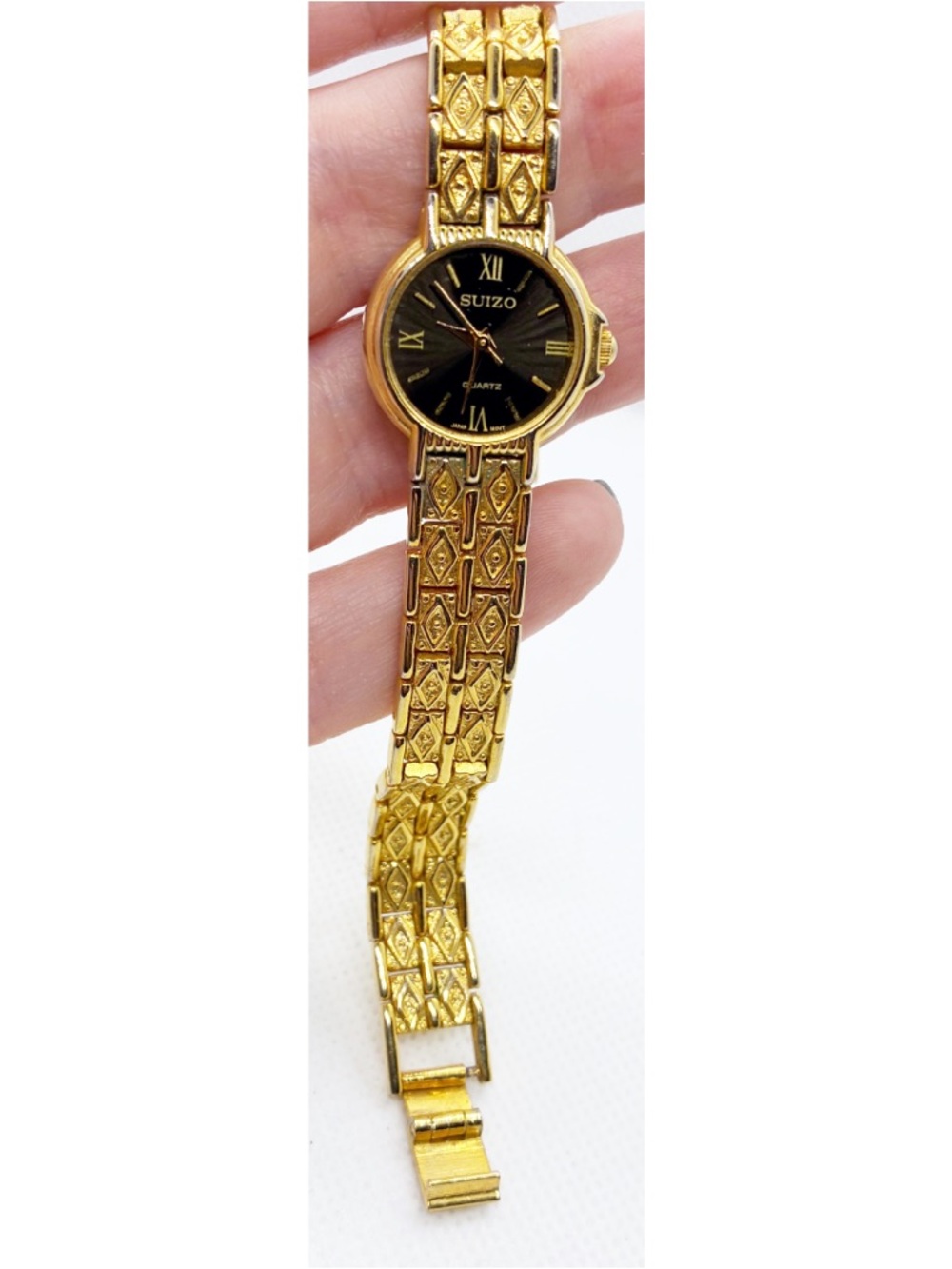 Vintage Women’s Wristwatch Gold Tone Black Retro 80s 90s Link Chain Bracelet